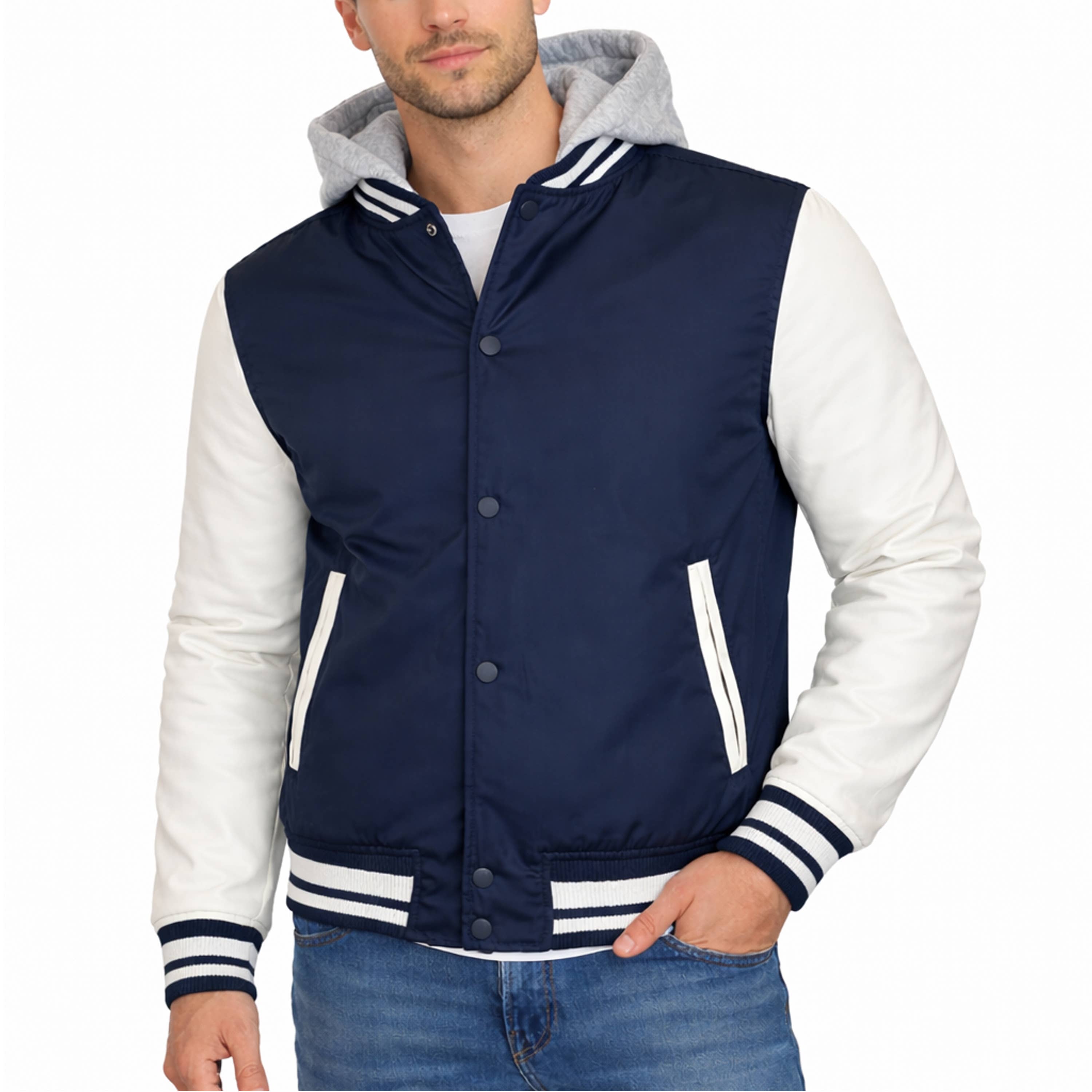 Men's Hooded Varsity Jacket with Detachable Hood